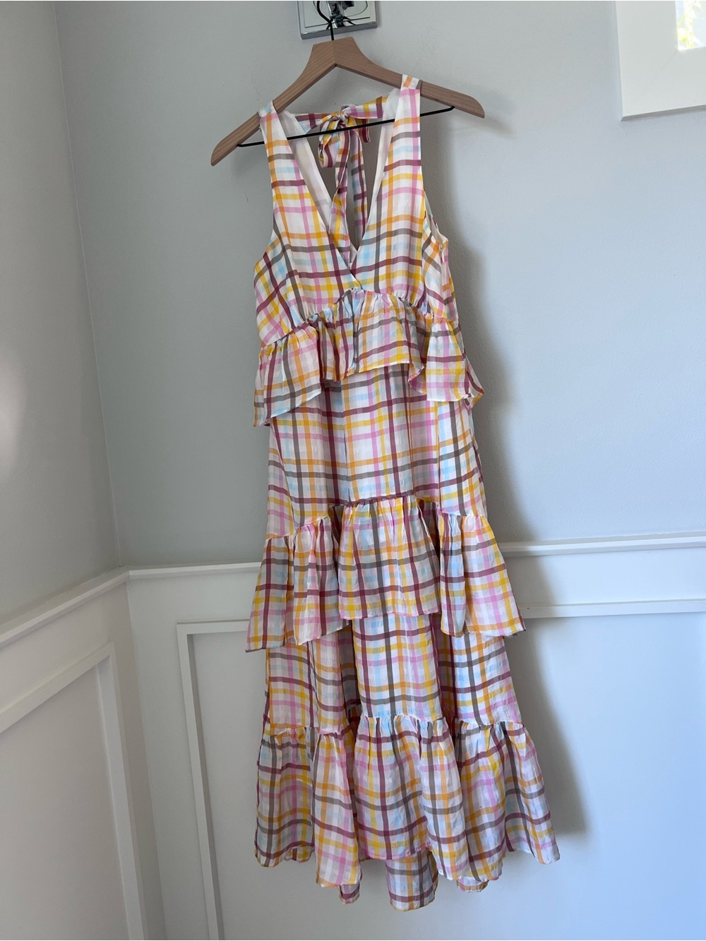 cinq a sept Pastel Plaid Tiered V-Neck Maxi Dress in Yellow and Pink - Picture 3 of 11